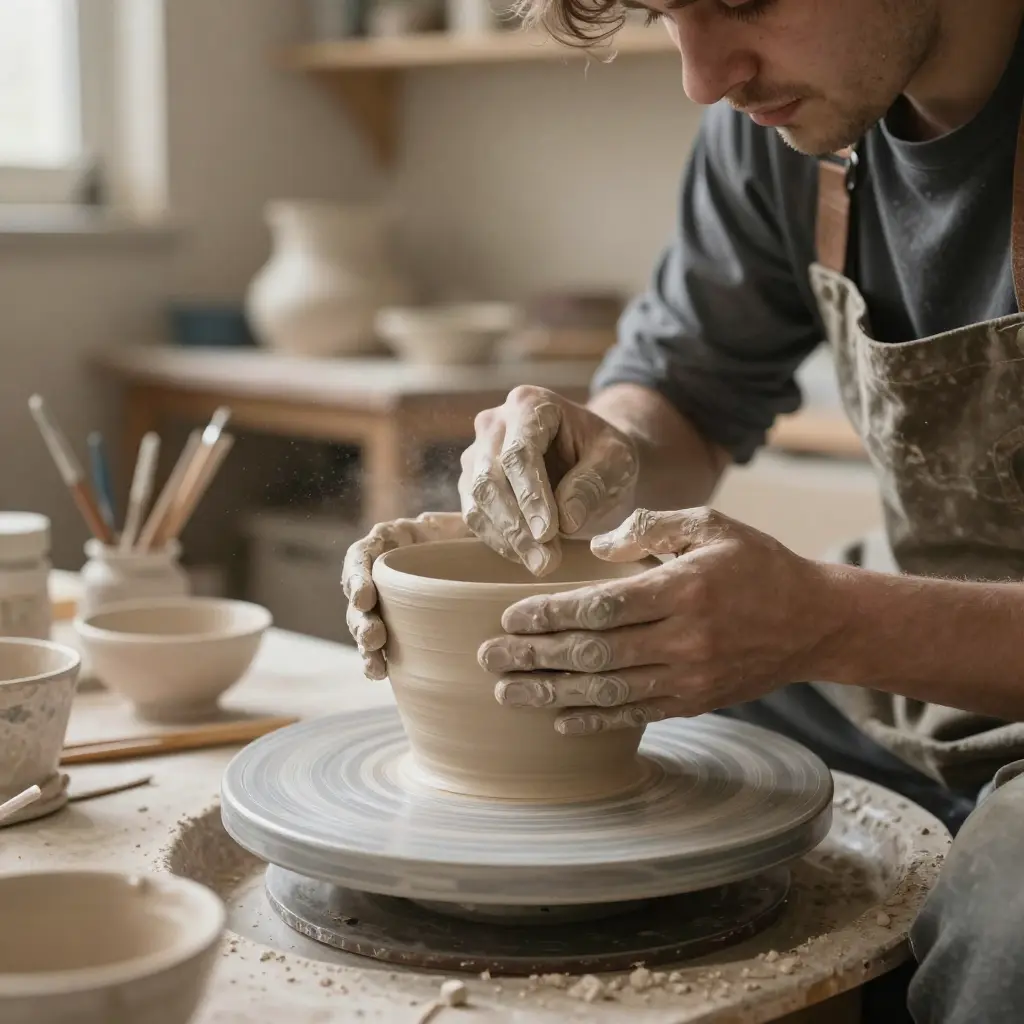 Artisan crafting handmade pottery in workshop